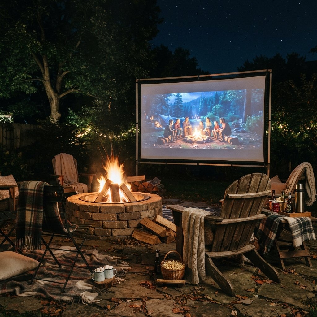 30 Backyard Fire Pit Ideas to Transform Your Outdoor Space 24 Fire Pit with Movie Screen Idea