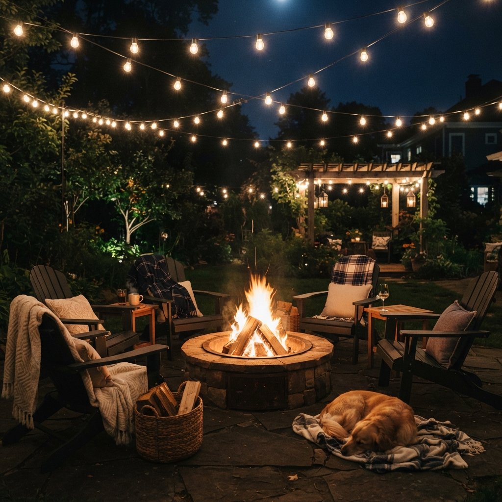 30 Backyard Fire Pit Ideas to Transform Your Outdoor Space 12 Fire Pit with String Lights Idea