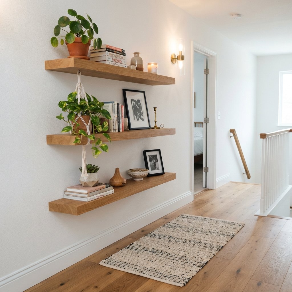 30 Beautiful Upstairs Hallway Ideas: To Transform Your Home Space 9 Floating Shelf Upstairs Hallway Ideas
