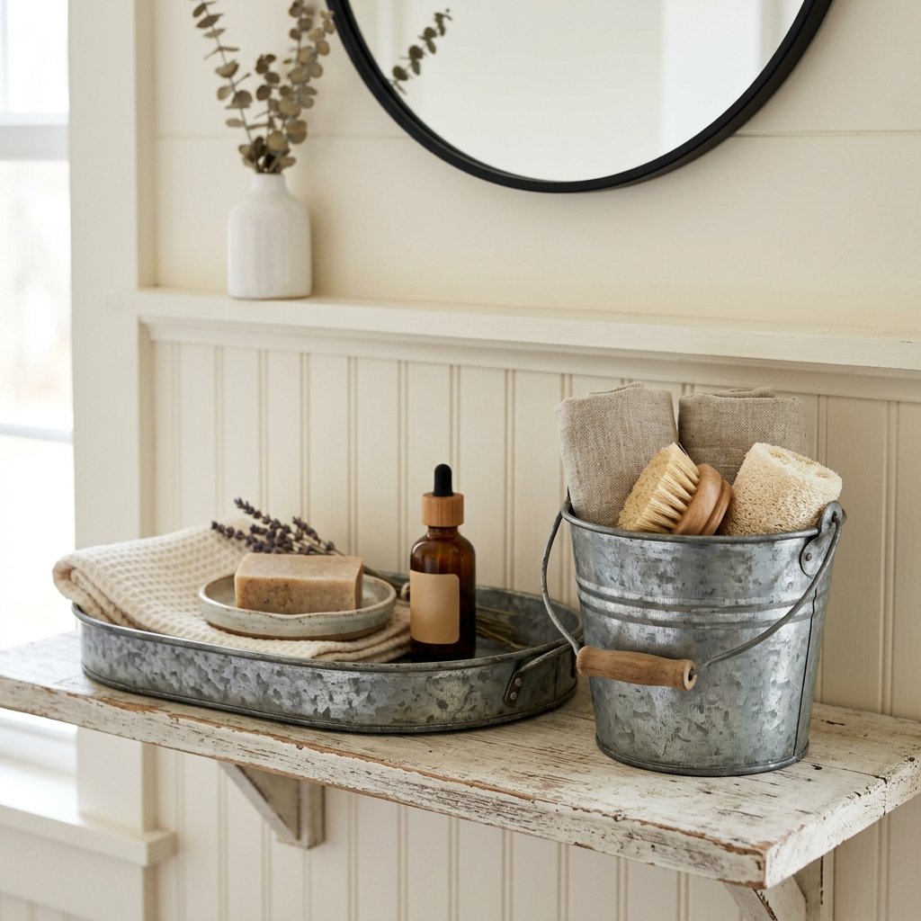 30 Stunning Farmhouse Bathroom Ideas to Create a Cozy Luxury Retreat 14 Galvanized Metal Accent Ideas