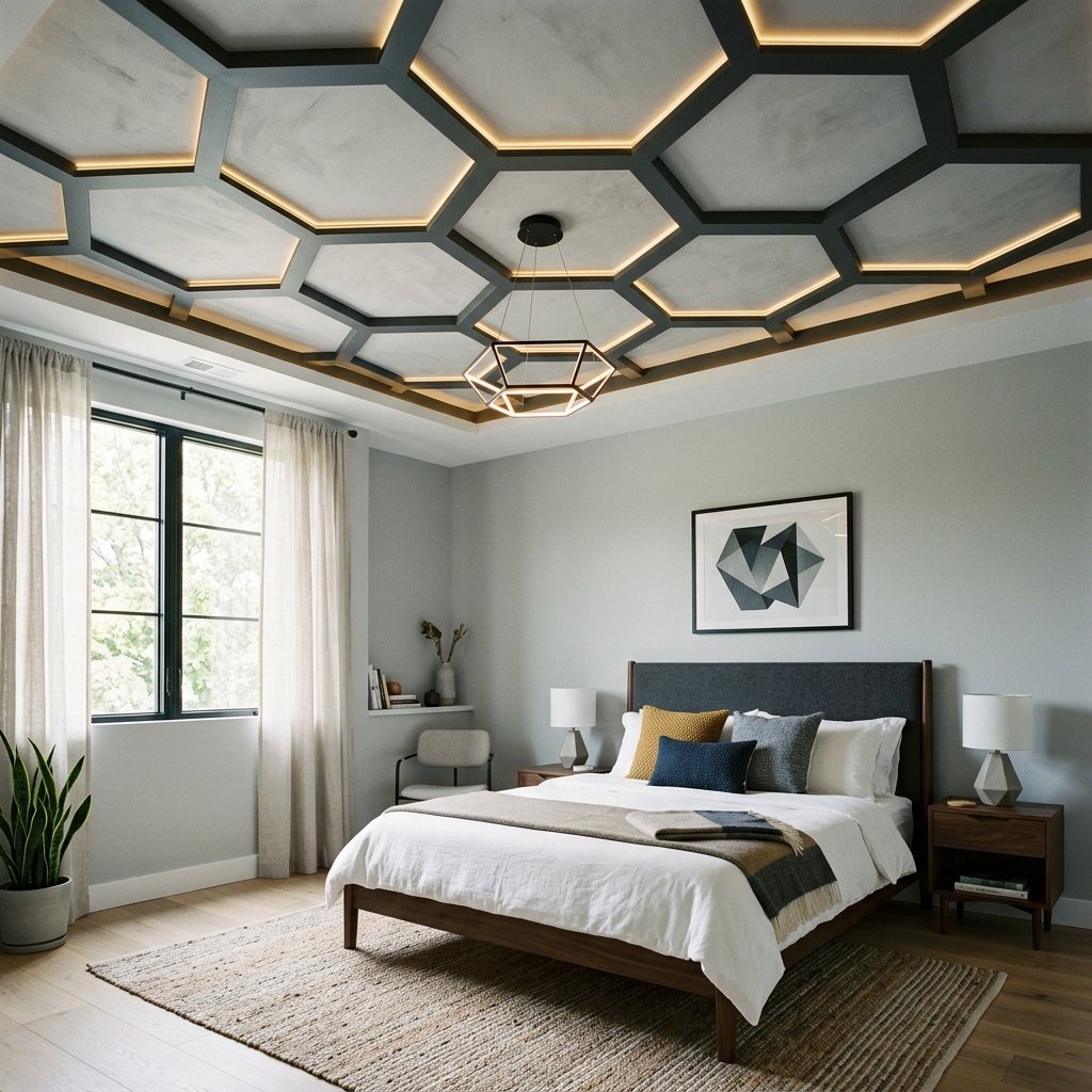 30 Fall Ceiling Designs for Bedroom That Instantly Feel Warm & Luxurious 5 Geometric Fall Ceiling Ideas