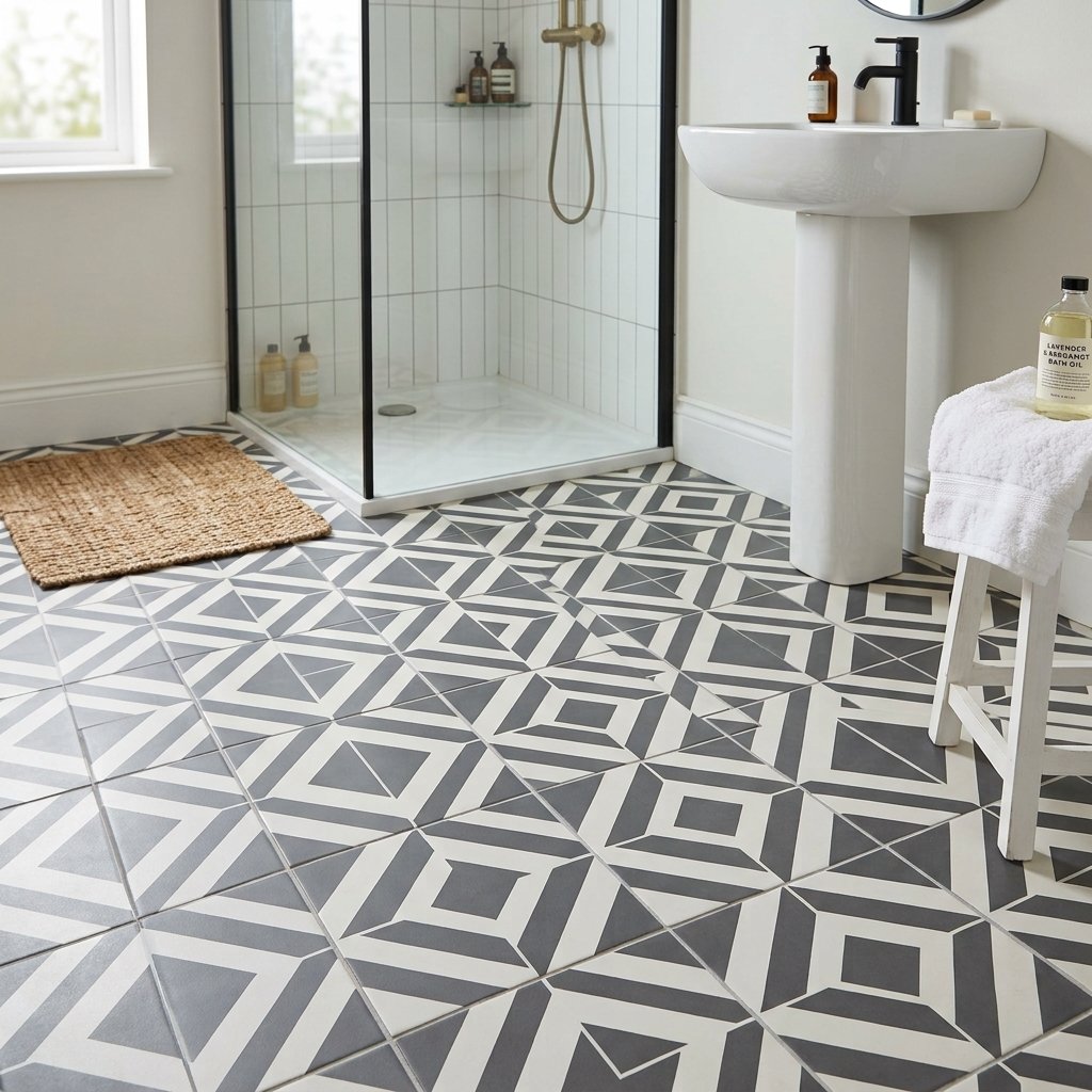 30 Bathroom Flooring Ideas That Bring Fresh Life to Any Space 24 Geometric Pattern Flooring Ideas