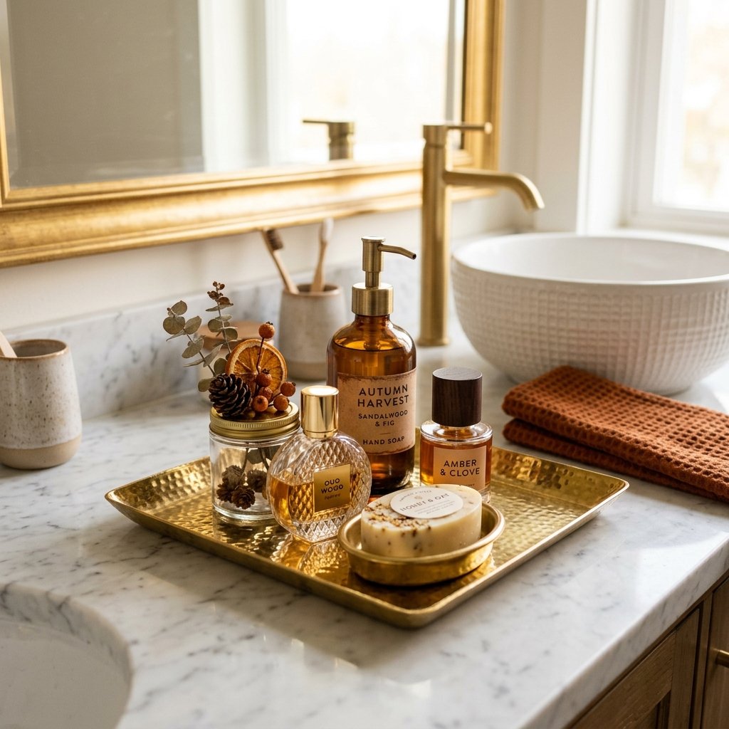 30 Fall Bathroom Decor Ideas Small Bathroom, Big Fall Vibes 27 Golden Accent Tray Ideas
