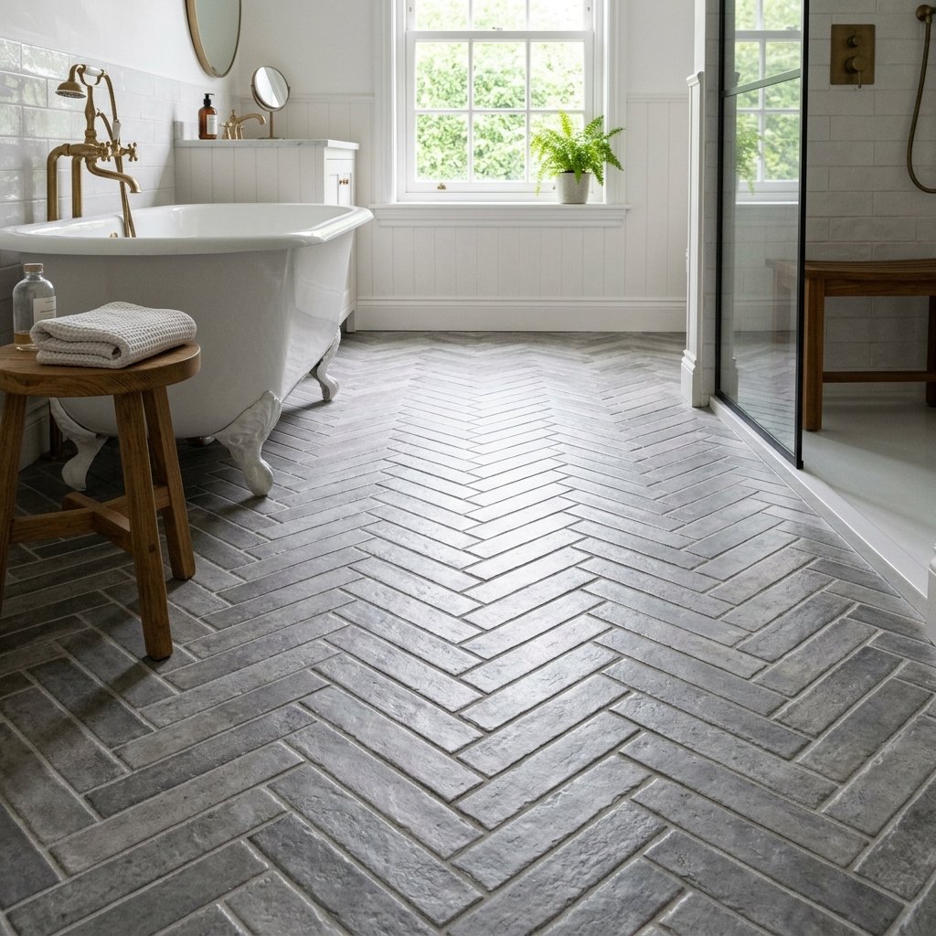 30 Grey Bathroom Ideas to Inspire Your Next Design 7 Herringbone Tile Grey Bathroom Ideas