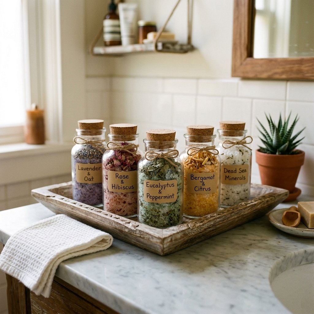 30 Fall Bathroom Decor Ideas: Cozy, Creative & Pinterest Worthy 23 Herbal Bath Salt Display Fall Bathroom Decore