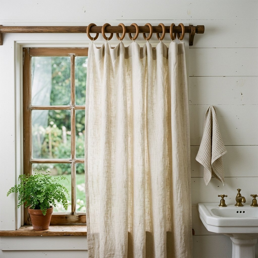 30 Stunning Farmhouse Bathroom Ideas to Create a Cozy Luxury Retreat 26 Linen Curtain Farmhouse Bathroom Ideas