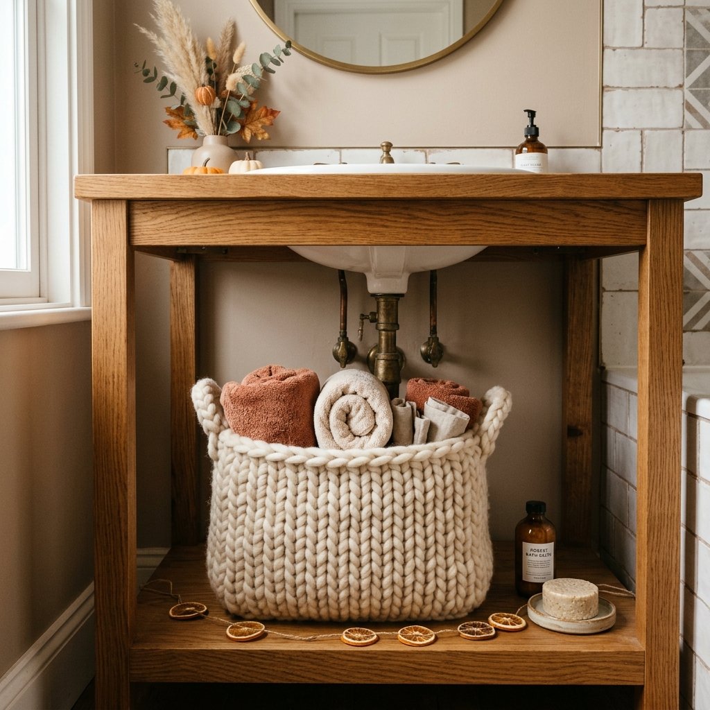 30 Fall Bathroom Decor Ideas Small Bathroom, Big Fall Vibes 26 Knit Storage Bin Ideas