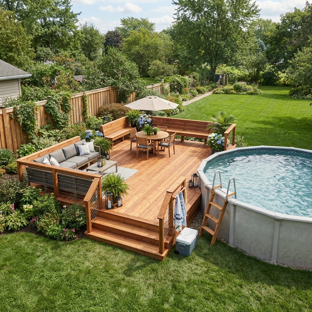 30 Above Ground Pool Deck Ideas to Transform Your Backyard 11 Corner Above Ground Pool Deck Ideas