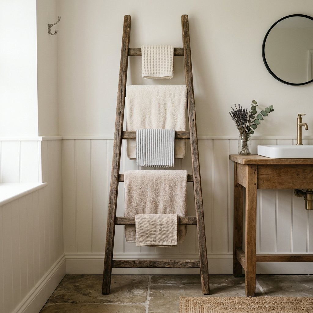 30 Stunning Farmhouse Bathroom Ideas to Create a Cozy Luxury Retreat 18 Ladder Towel Rack Ideas