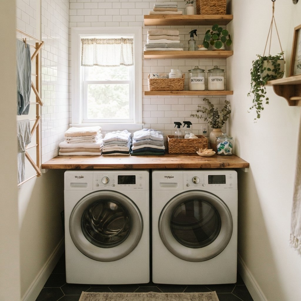 30 Tiny Laundry Room Ideas That Make Small Spaces Look Stylish & Functional 27 Countertop Tiny Laundry Room Ideas
