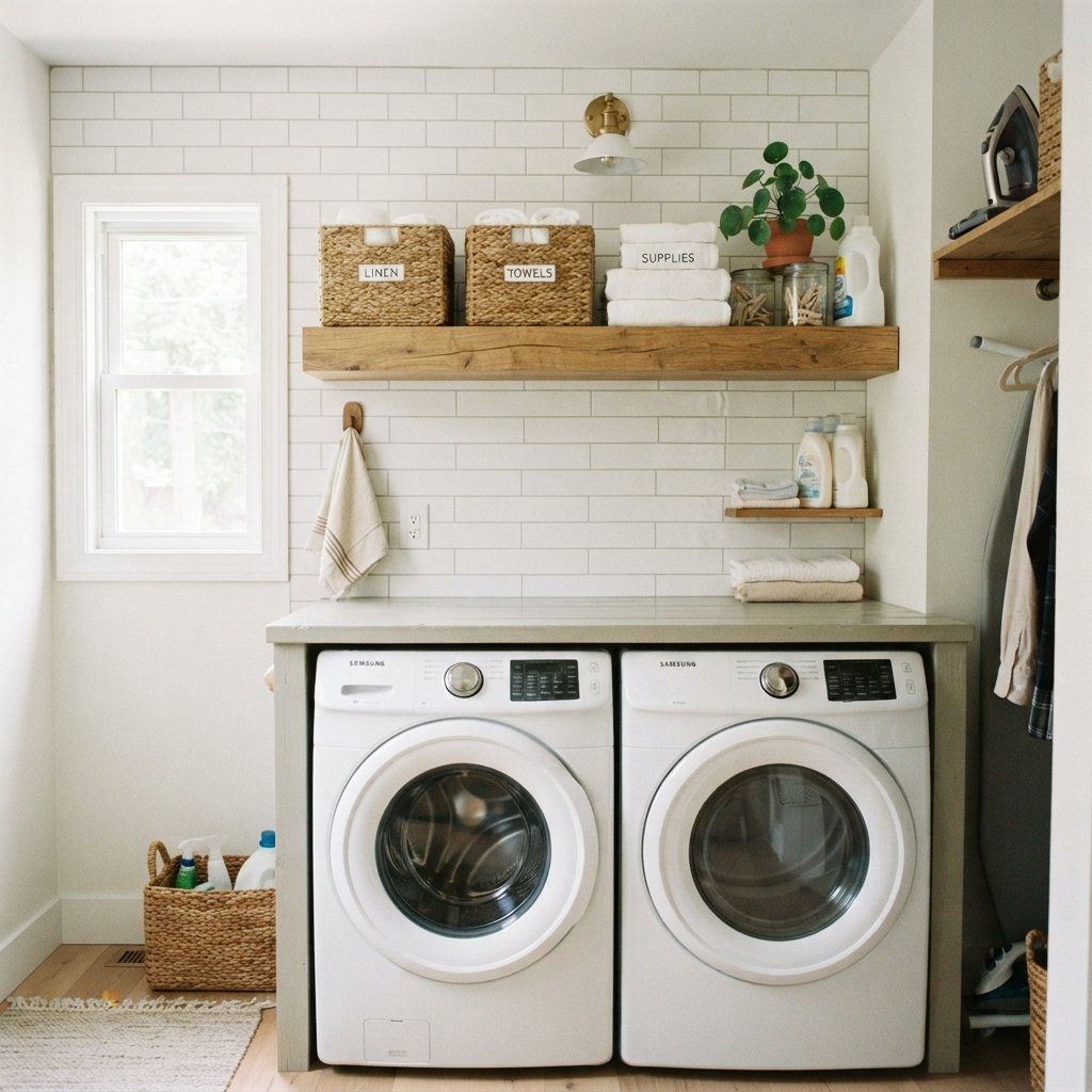 30 Tiny Laundry Room Ideas That Make Small Spaces Look Stylish & Functional 12 Shelving Tiny Laundry Room Ideas