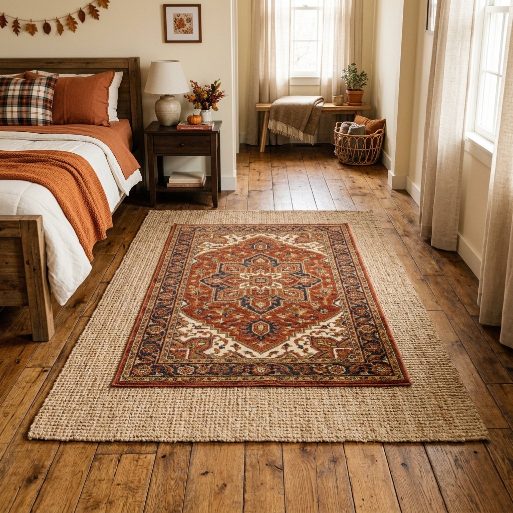 30 Cozy Fall Bedroom Ideas You'll Be Obsessed With This Autumn 22 Layered Area Rug Idea