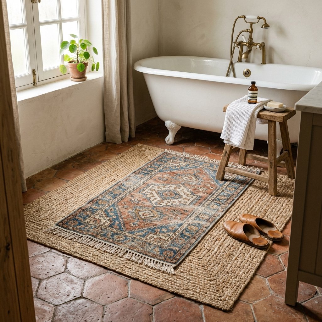 30 Fall Bathroom Aesthetic Ideas to Create a Dreamy Cozy Space 5 Cozy Layered Rug Ideas