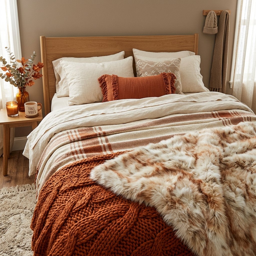 30 Gorgeous Fall Themed Bedroom Ideas: That Feel Cozy and Effortless 6 Layered Throw Blanket Ideas