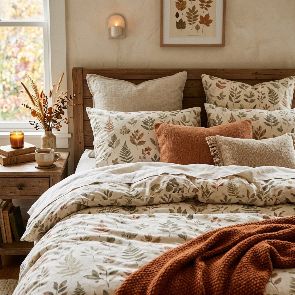 30 Aesthetic Fall Bedroom Ideas for a Cozy Autumn Vibe 20 Leaf Print Textile Ideas