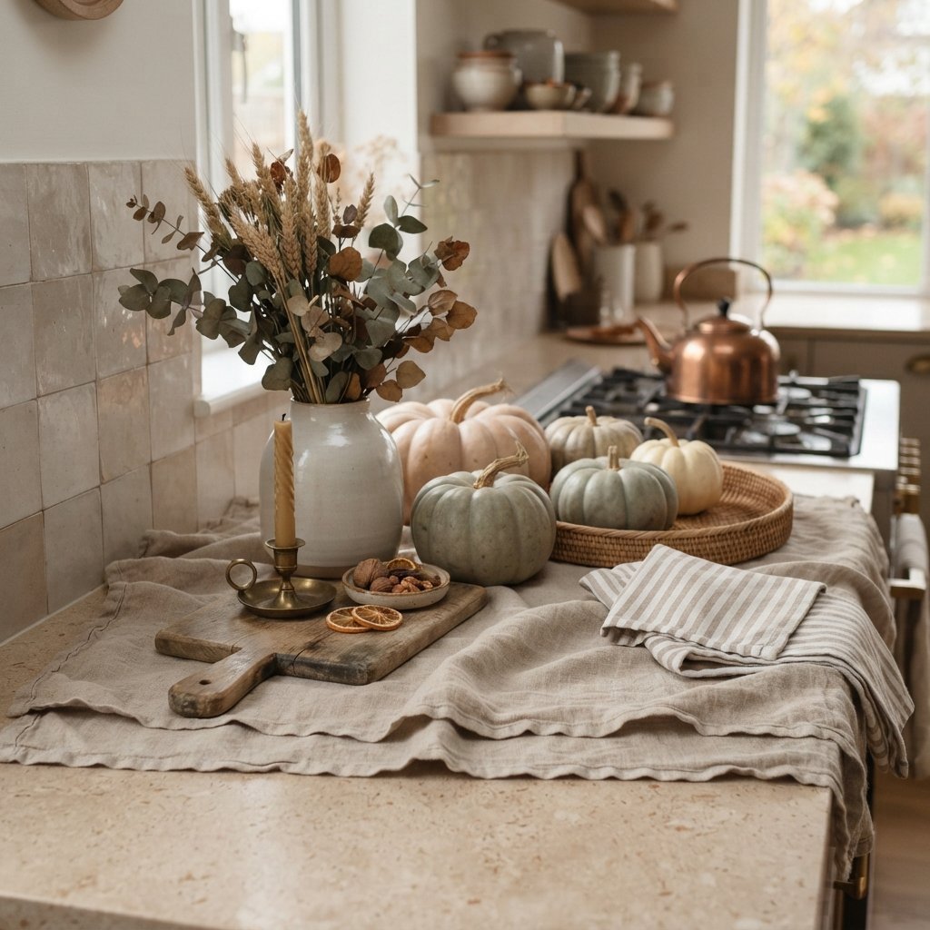 30 Fall Kitchen Countertop Decor Ideas: Cozy Inspiration for Every Style 20 Layered Textile Fall Kitchen Countertop Decor