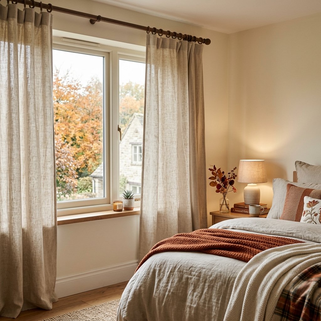 30 Cozy Fall Bedroom Ideas You'll Be Obsessed With This Autumn 15 Cozy Fall Bedroom Linen Window Drapery Idea