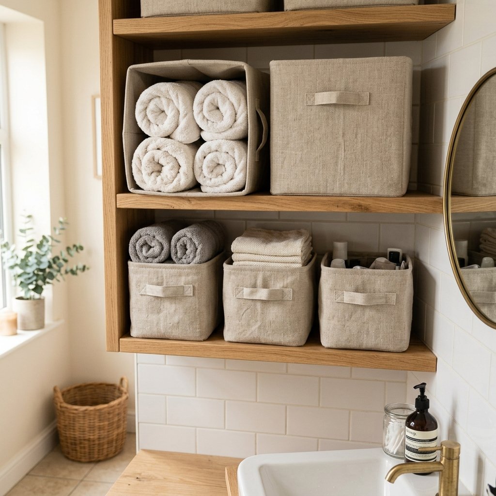 30 Fall Bathroom Aesthetic Ideas to Create a Dreamy Cozy Space 26 Linen Storage Bin Ideas