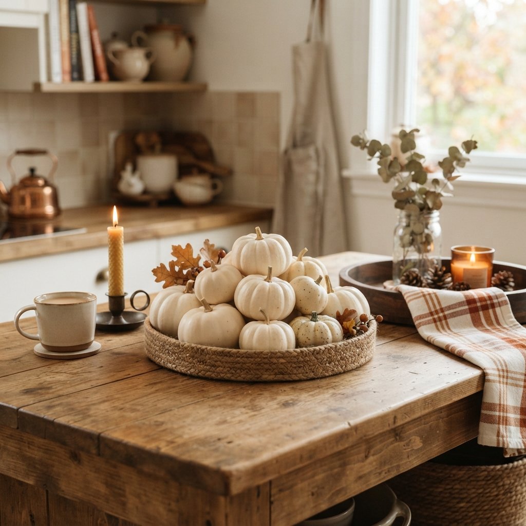 30 Fall Kitchen Island Decor Ideas: To Warm Up Your Home This Season 12 Mini Pumpkin Cluster Fall Kitchen Island Decor