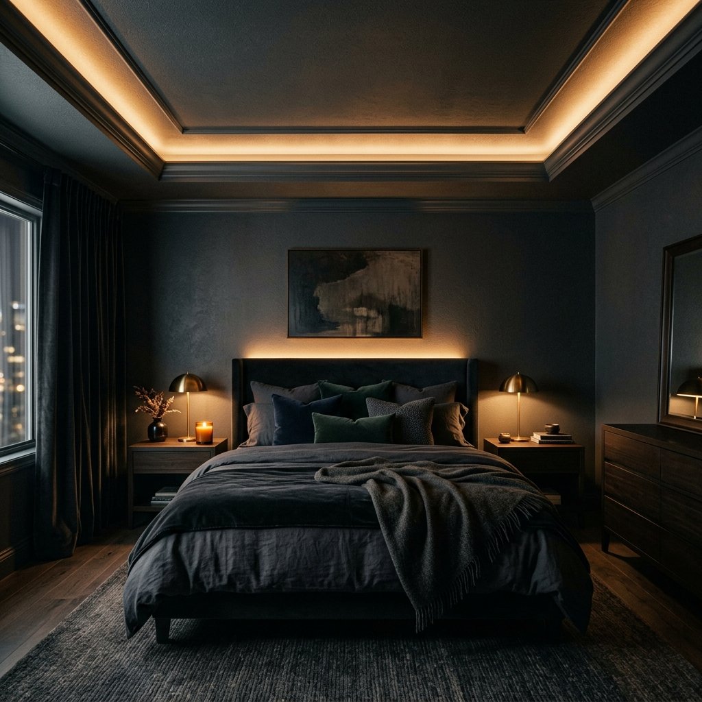 30 Fall Ceiling Designs for Bedroom That Instantly Feel Warm & Luxurious 21 Dark Tone Fall Ceiling Ideas