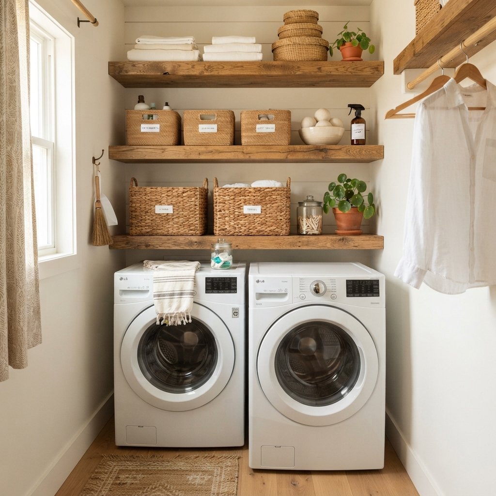 30 Tiny Laundry Room Ideas That Make Small Spaces Look Stylish & Functional 13 Open Shelving Tiny Laundry Room Ideas
