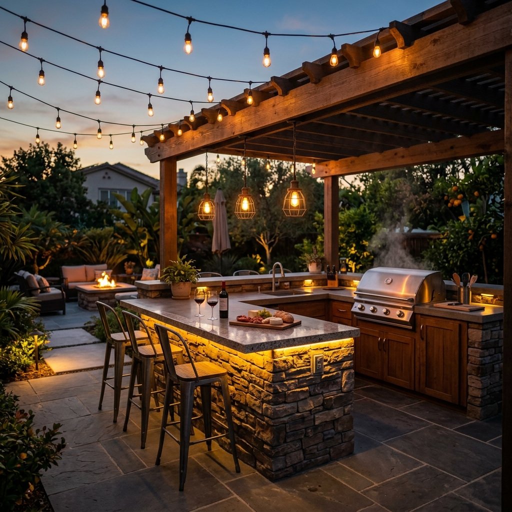 30 Smart Outdoor Kitchen Ideas for Comfortable Outdoor Cooking 14 Outdoor Kitchen Lighting Ideas