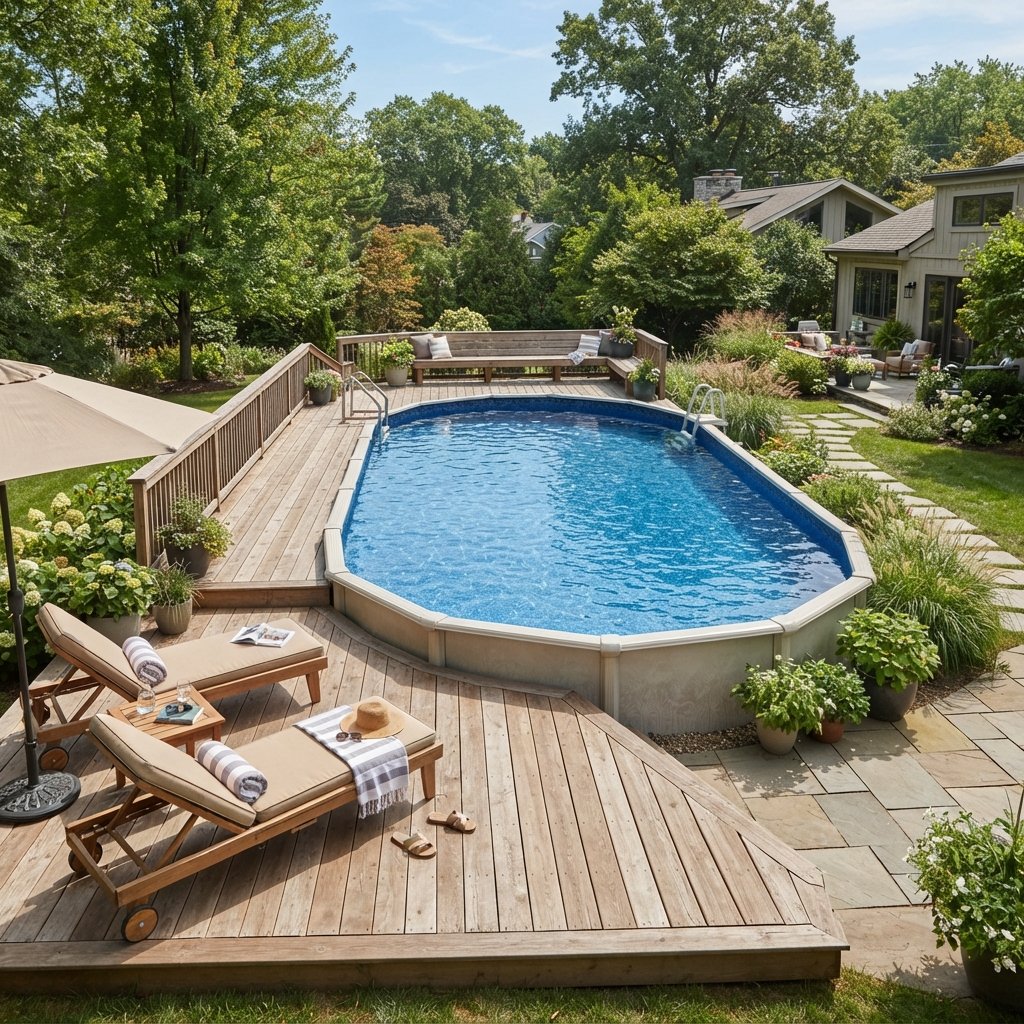 30 Above Ground Pool Deck Ideas to Transform Your Backyard 13 Oval Above Ground Pool Deck Ideas