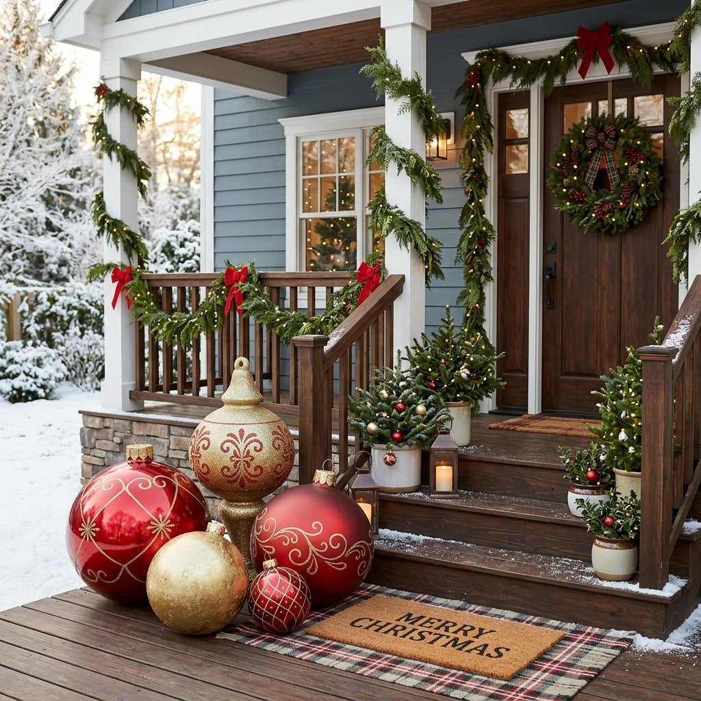 30 Modern Front Porch Christmas Decor Ideas: to Elevate Your Holiday Home 2 Oversized Christmas Ornament Ideas