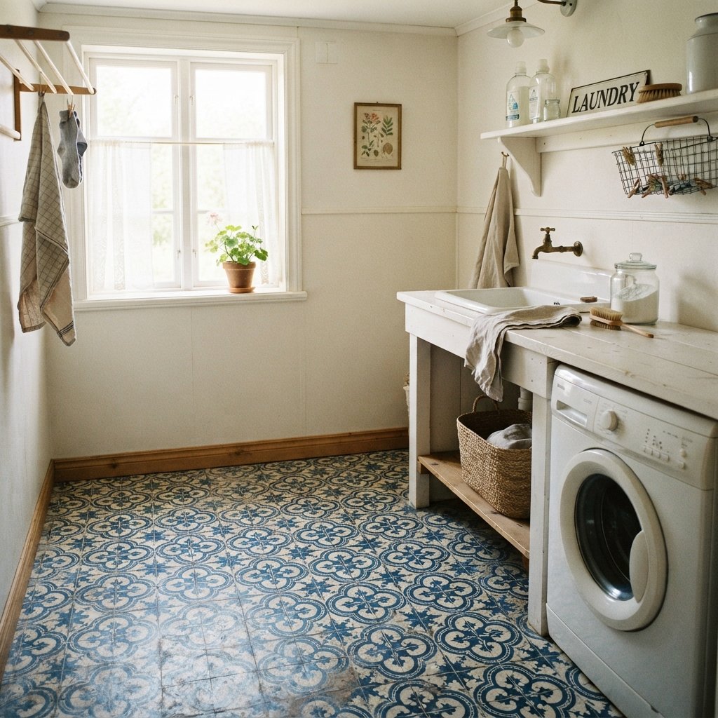 30 Tiny Laundry Room Ideas: That Prove Small Spaces Can Shine 16 Patterned Floor Tile Tiny Laundry Room Idea