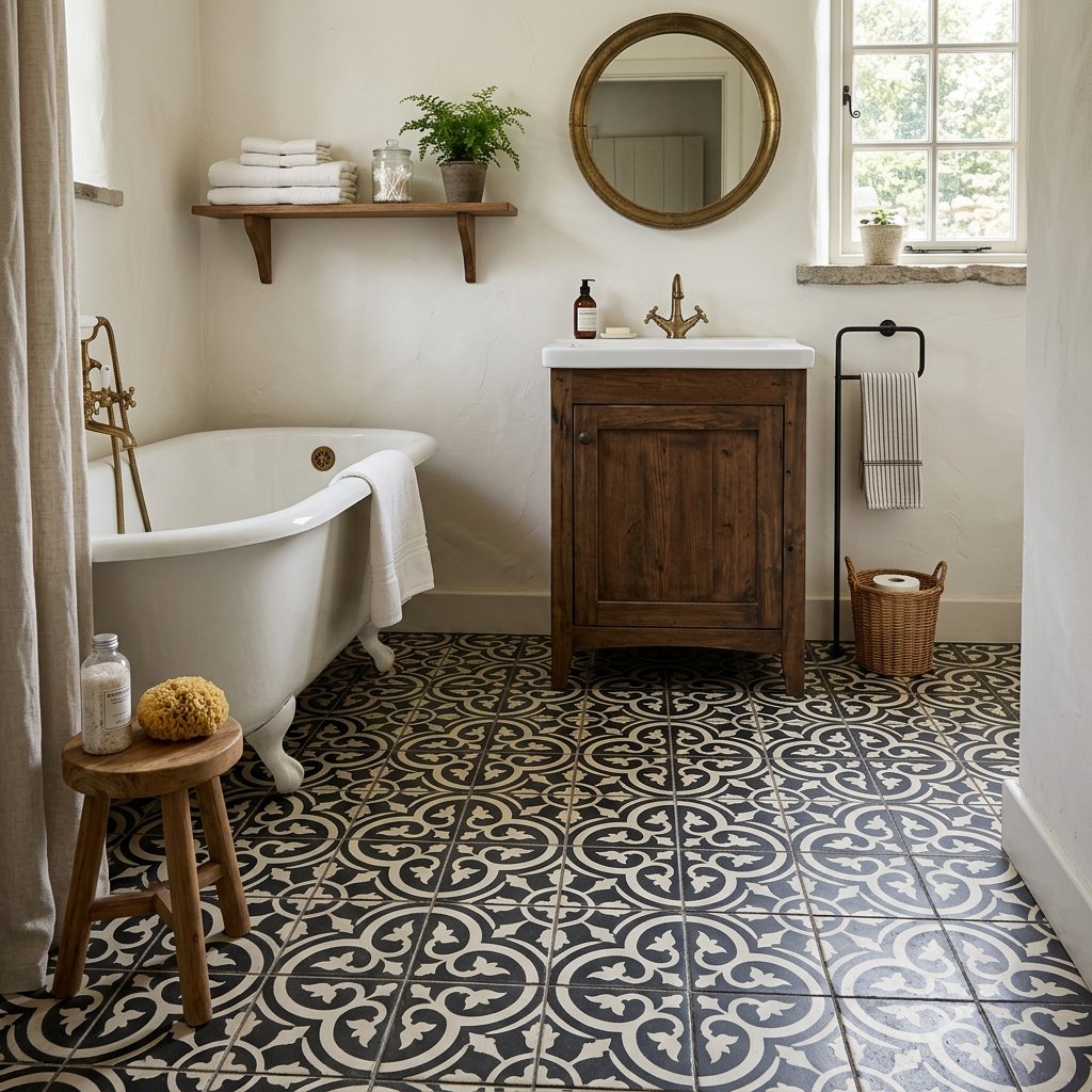 30 Stunning Farmhouse Bathroom Ideas to Create a Cozy Luxury Retreat 25 Patterned Tile Floor Ideas