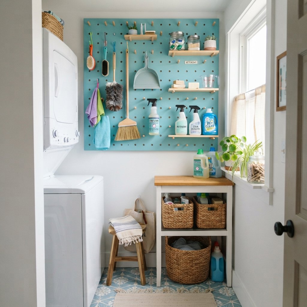 30 Tiny Laundry Room Ideas That Make Small Spaces Look Stylish & Functional 17 Pegboard Tiny Laundry Room Ideas