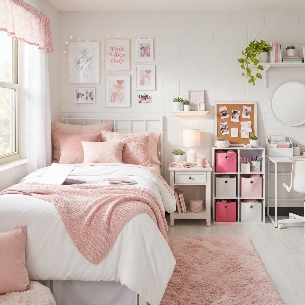 White and Pink Dorm Room Ideas