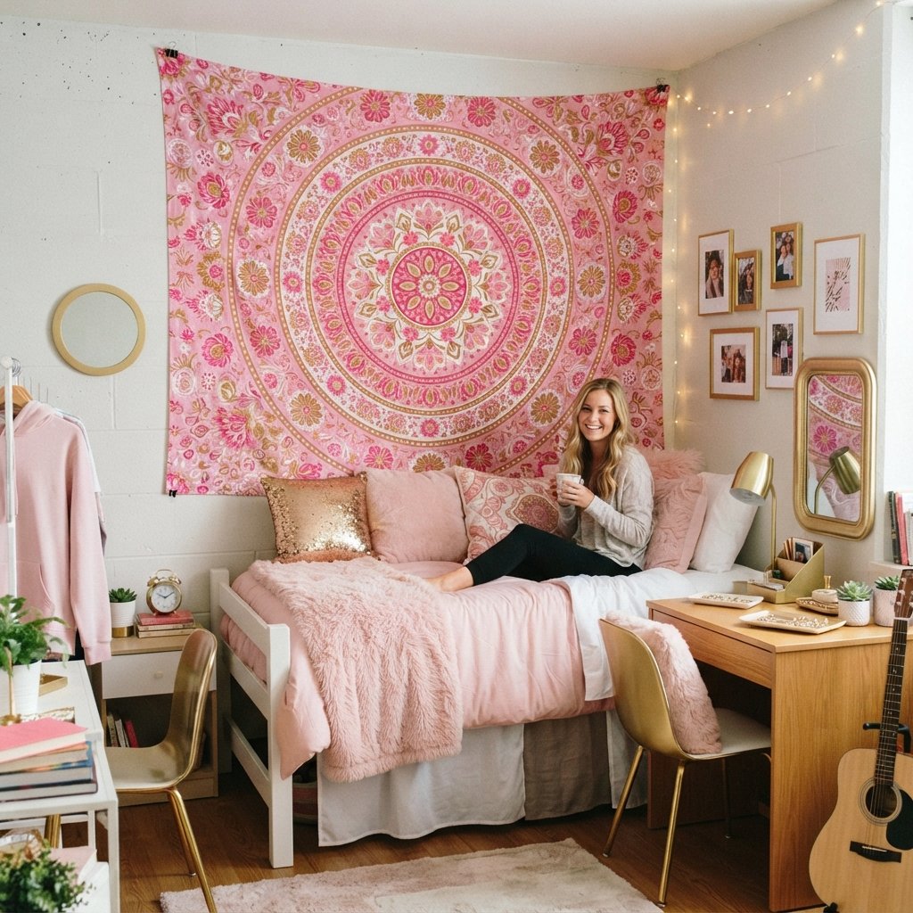 Tapestry Pink Dorm Room Ideas