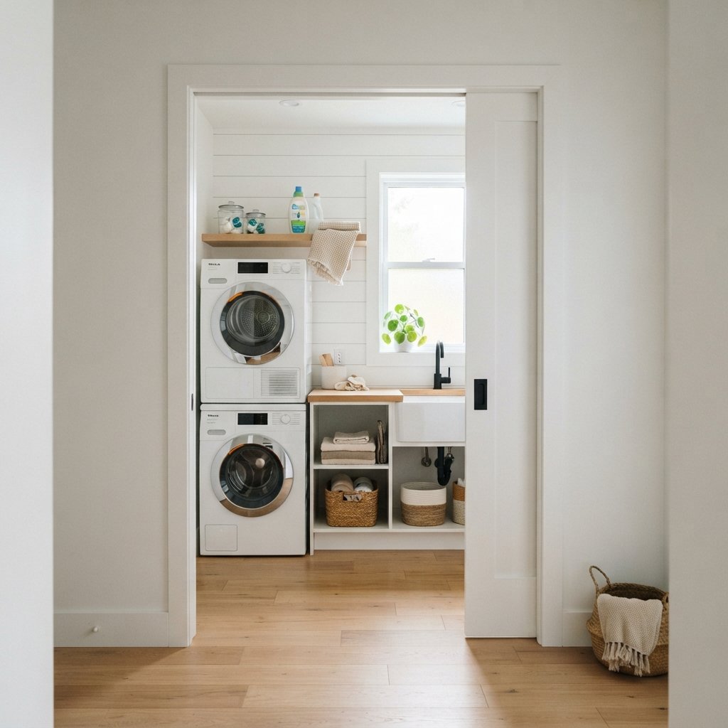 30 Tiny Laundry Room Ideas That Make Small Spaces Look Stylish & Functional 19 Pocket Door Laundry Room Ideas