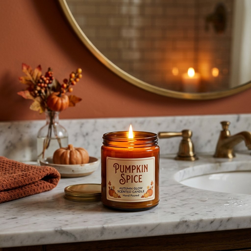 30 Fall Bathroom Decor Ideas: Cozy, Creative & Pinterest Worthy 4 Pumpkin Spice Scented Candle Fall Bathroom Decore