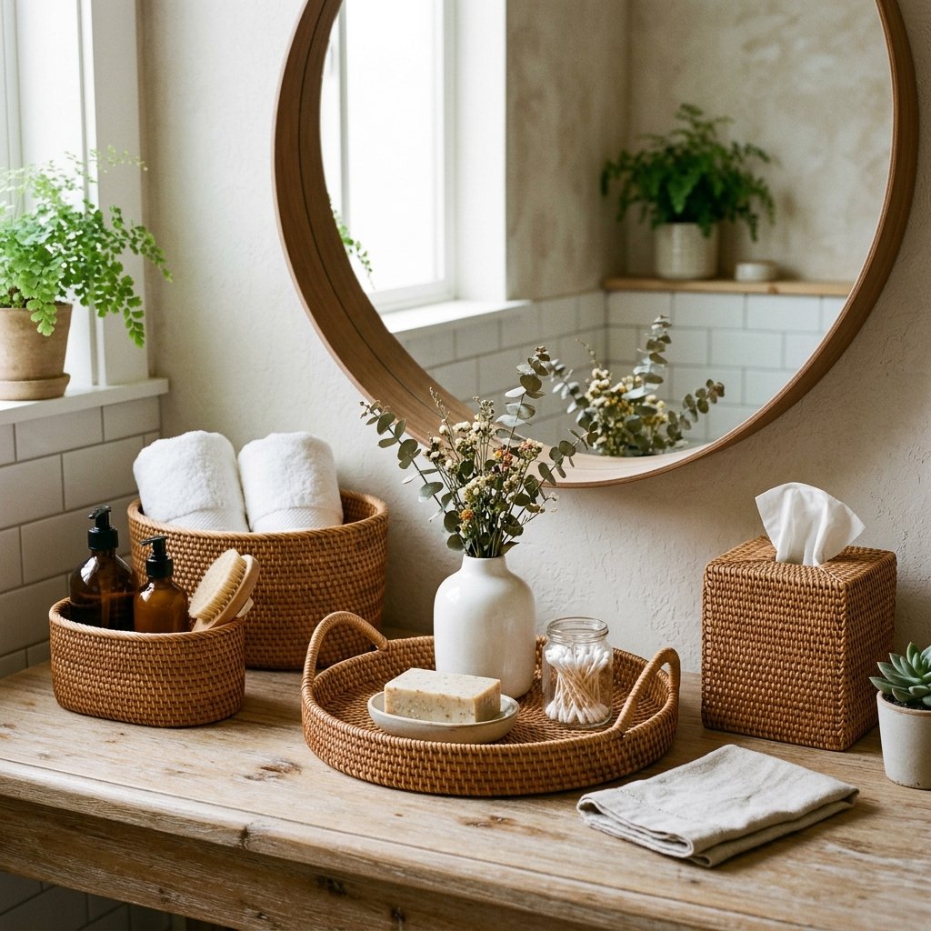 30 Cute Bathroom Ideas to Create a Cozy and Stylish Space 11 Rattan Bathroom Accessory Ideas