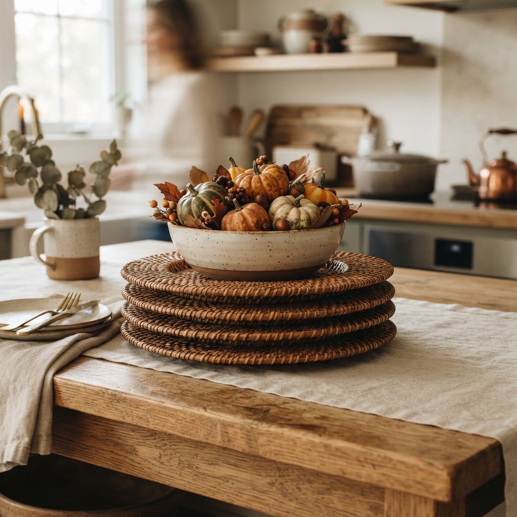30 Fall Kitchen Island Decor Ideas: To Warm Up Your Home This Season 27 Rattan Charger Plate Ideas