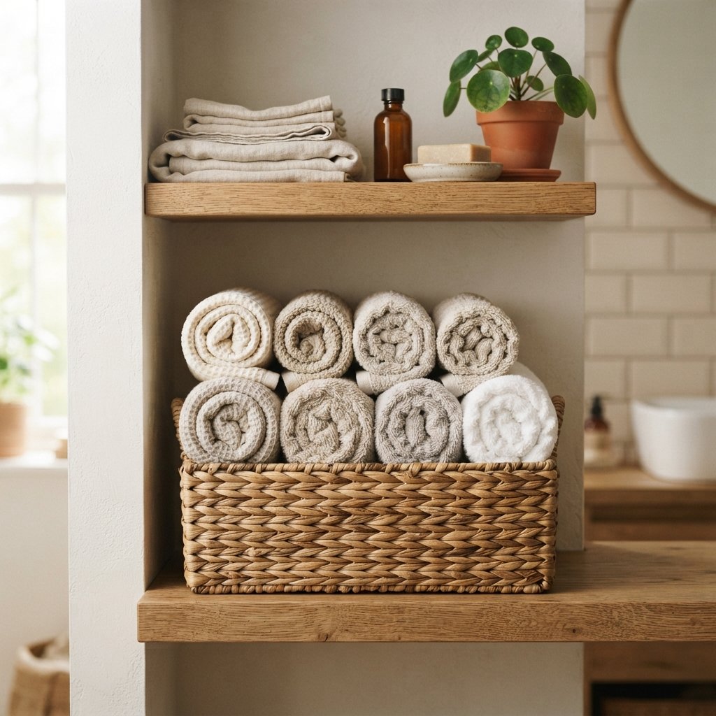 30 Luxury Spa Bathroom Ideas for the Ultimate Self Care Experience 22 Textured Towel Display Ideas