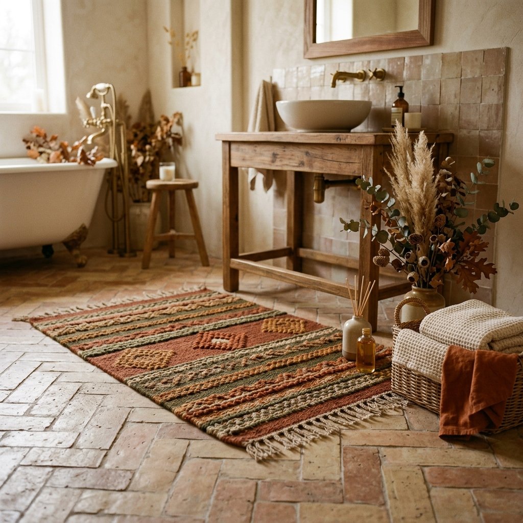 30 Fall Bathroom Decor Ideas: Cozy, Creative & Pinterest Worthy 21 Earth Tone Rug Fall Bathroom Decore