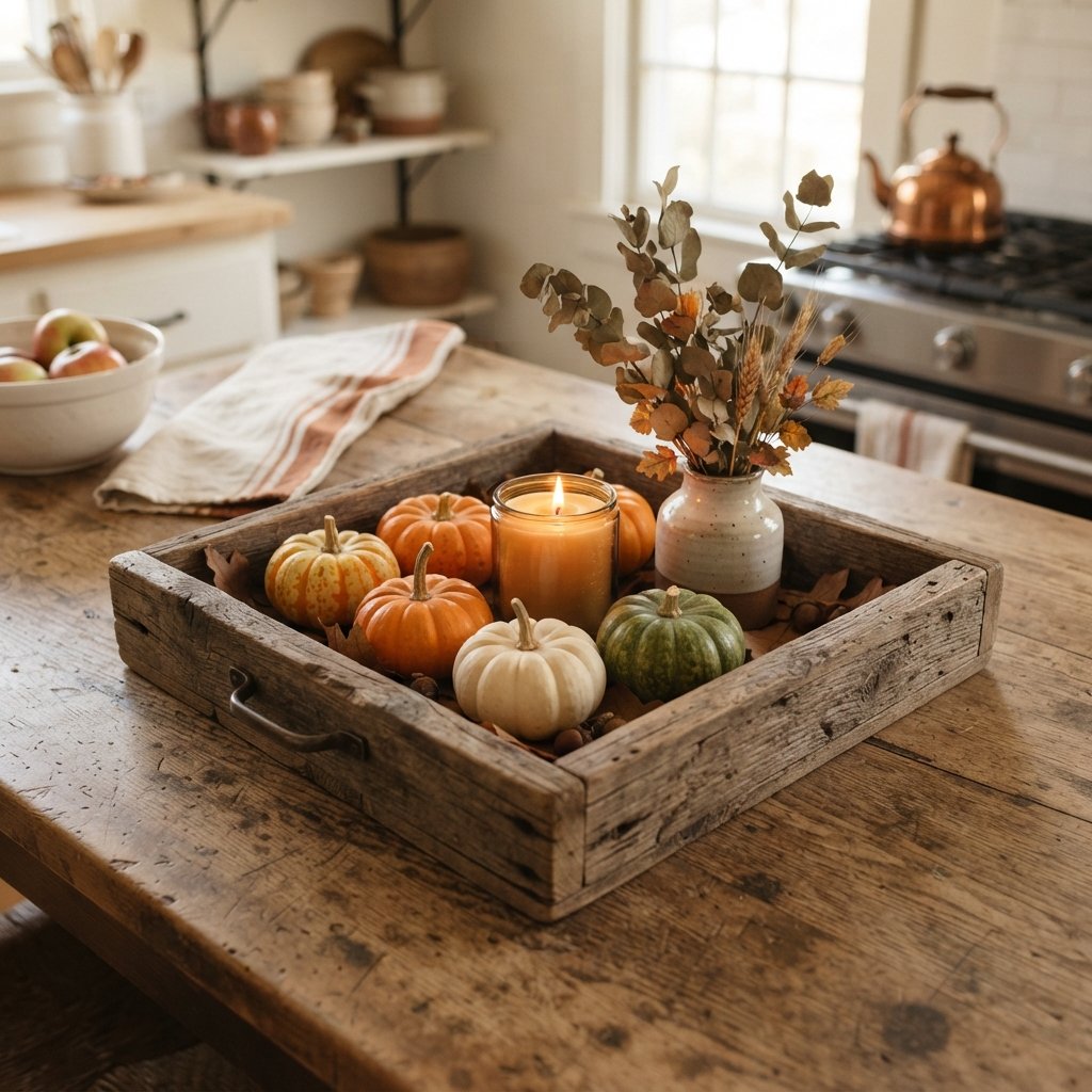 30 Fall Kitchen Island Decor Ideas: To Warm Up Your Home This Season 3 Rustic Wood Tray Fall Kitchen Island Decor