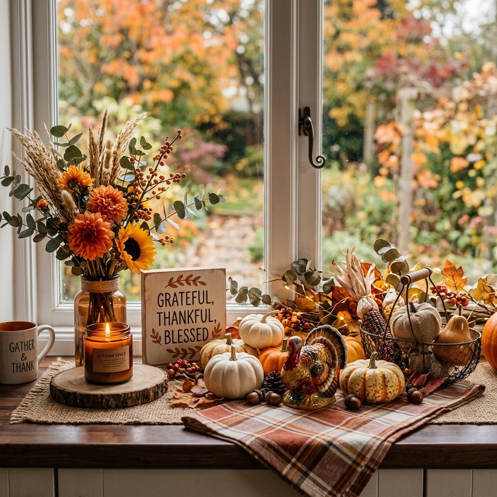 30 Fall Kitchen Window Decor Ideas That Feel Cozy & Bright 30 Seasonal Fall Kitchen Window Decor Vignette Ideas