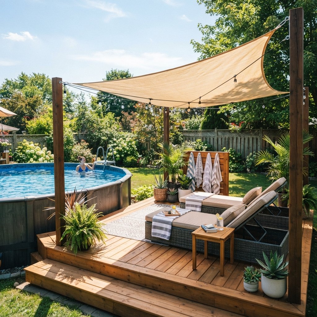 30 Above Ground Pool Deck Ideas to Transform Your Backyard 17 Shaded Above Ground Pool Deck Ideas