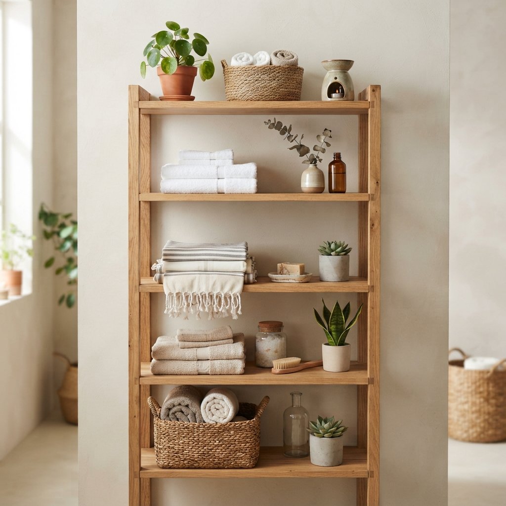 30 Luxury Spa Bathroom Ideas for the Ultimate Self Care Experience 25 Freestanding Shelf Styling Ideas