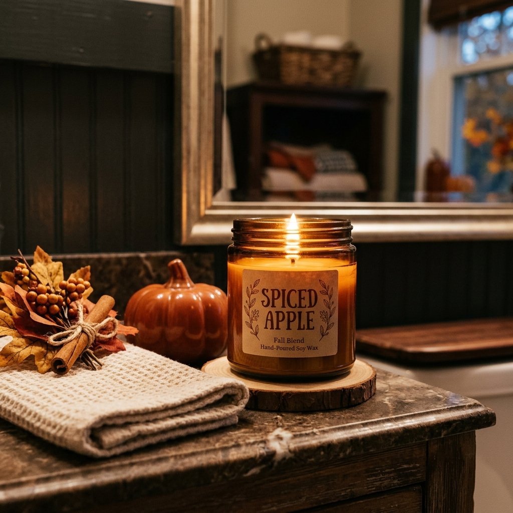 30 Fall Bathroom Decor Ideas: Cozy, Creative & Pinterest Worthy 30 Spiced Apple Candle Fall Bathroom Decores
