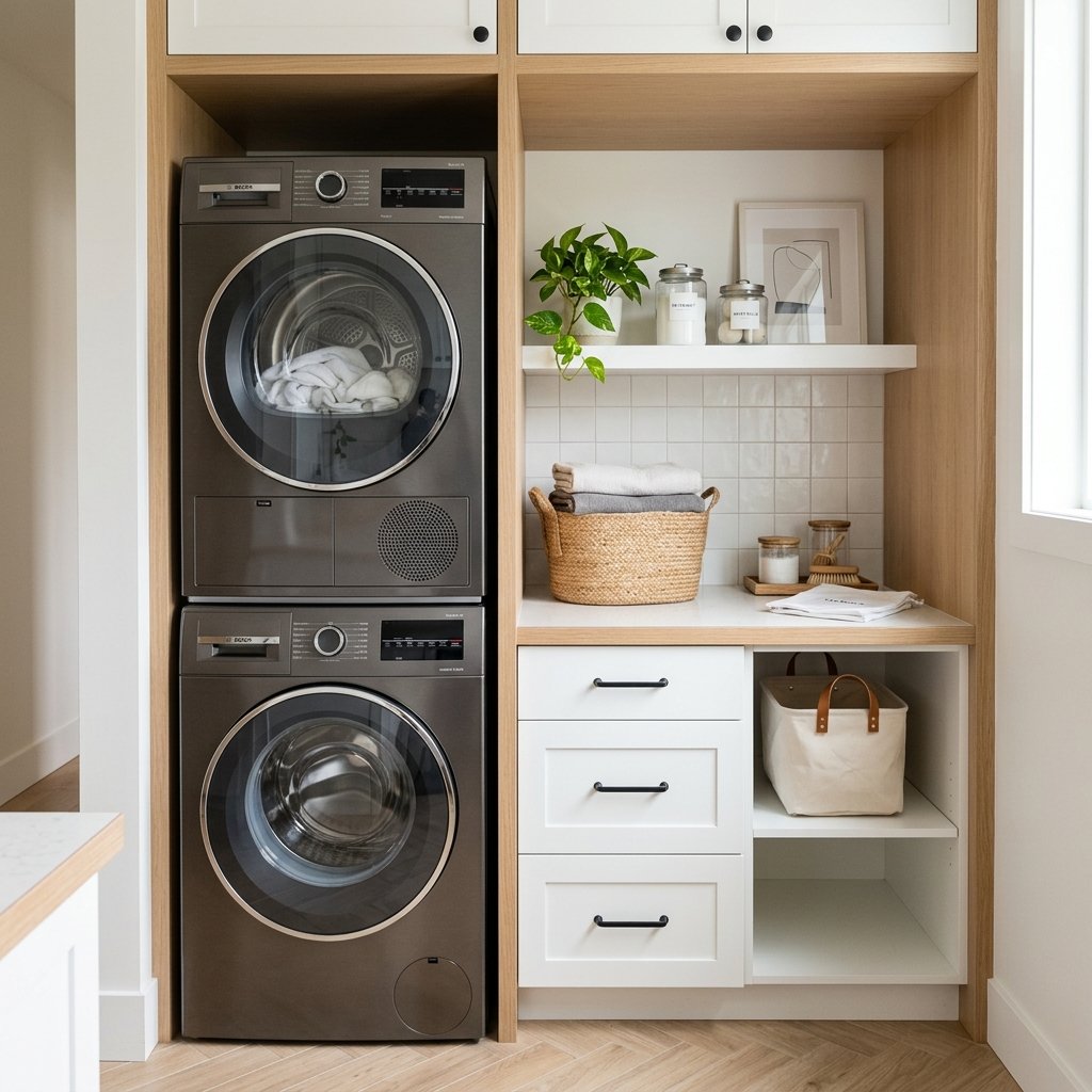 30 Tiny Laundry Room Ideas That Make Small Spaces Look Stylish & Functional 4 Stacked Washer and Dryer Ideas