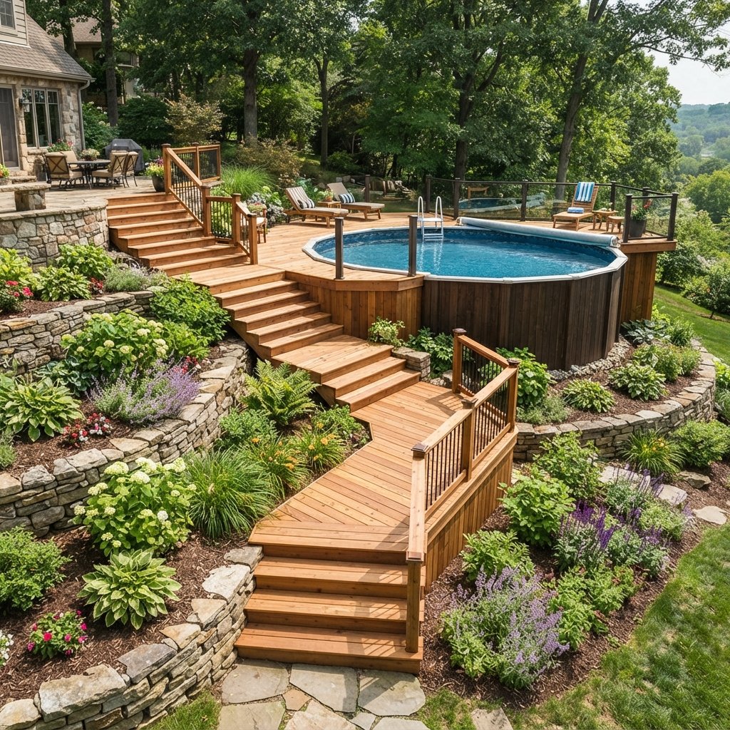 30 Above Ground Pool Deck Ideas to Transform Your Backyard 27 Sloped Yard Above Ground Pool Deck Ideas