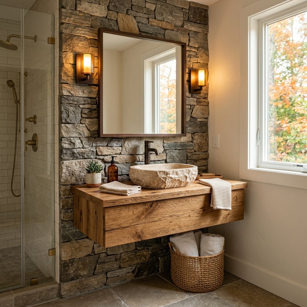 Fall Bathroom Bloxburg Ideas: 30 Cozy Autumn Inspiration Picks 20 Stone and Wood Fall Bathroom Bloxburg Ideas