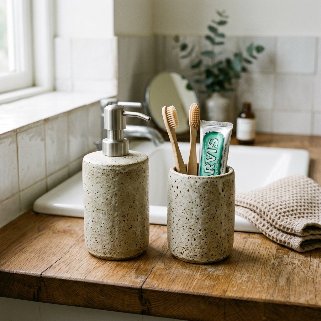 30 Fall Bathroom Decor Ideas Small Bathroom, Big Fall Vibes 29 Stoneware Accessory Ideas