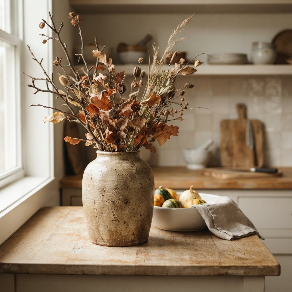30 Fall Kitchen Countertop Decor Ideas: Cozy Inspiration for Every Style 17 Stoneware Vase Fall Kitchen Countertop Decor