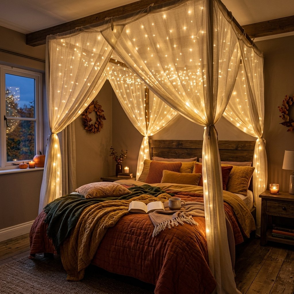 30 Fall Bedroom Ideas That Bring Cozy Autumn Vibes Into Your Space 20 String Light Canopy Ideas